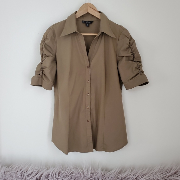 Lafayette 148 New York Tops - Lafayette 148 • Scrunch Sleeve Olive Button Up